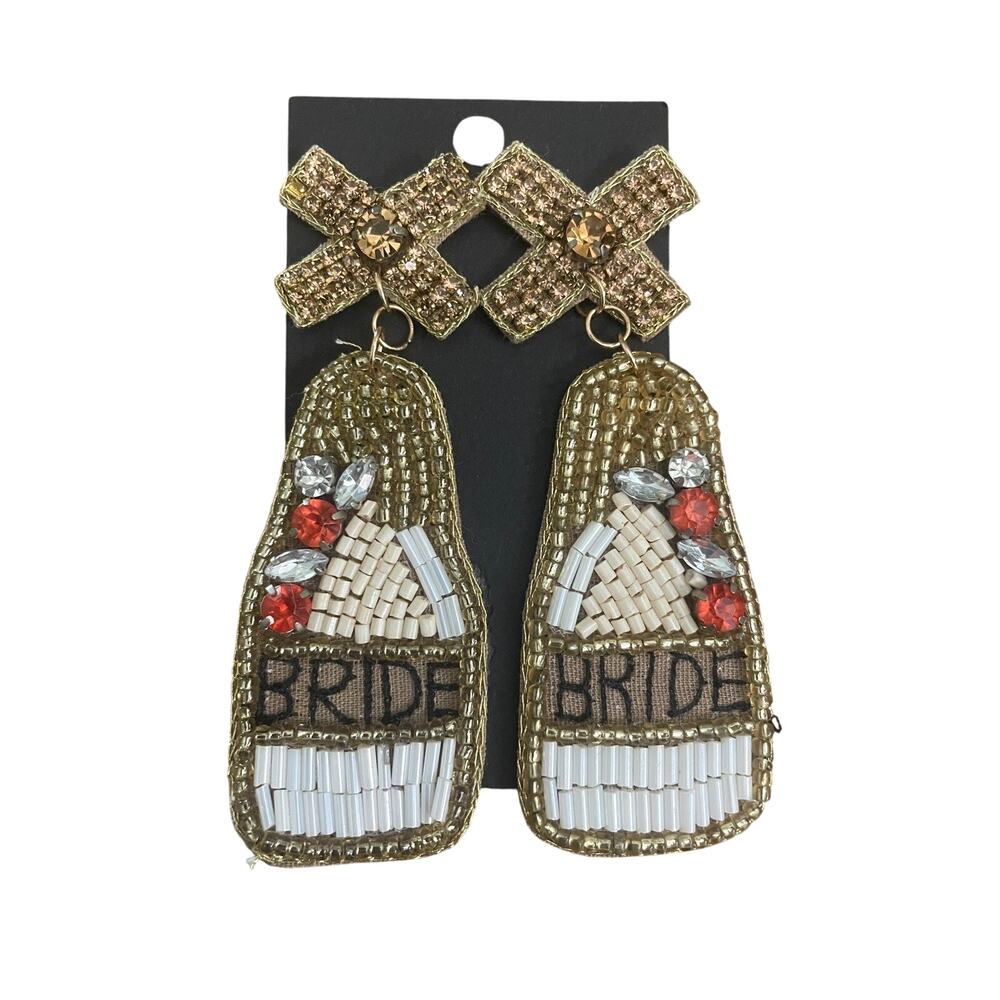 Bride Beaded Earrings – Statement – 3.5” Just Married Gift Wedding Bachelorette